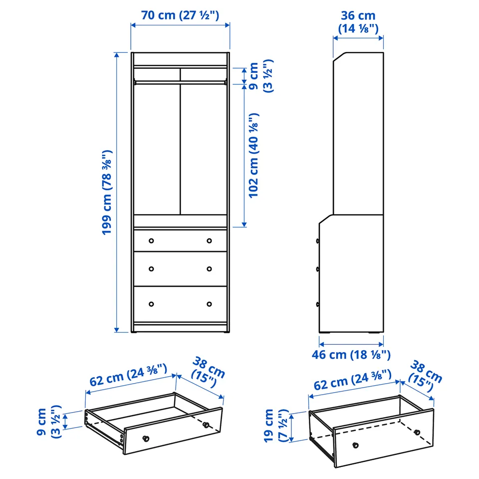 part: HAUGA open wardrobe with 3 drawers