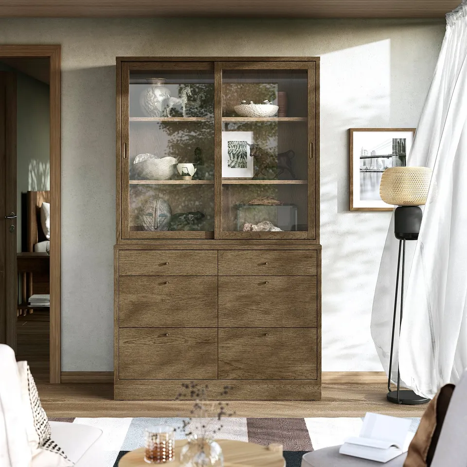 TONSTAD cabinet elegantly stores in oak, pine, glass, with a tall, window-flanked presence.