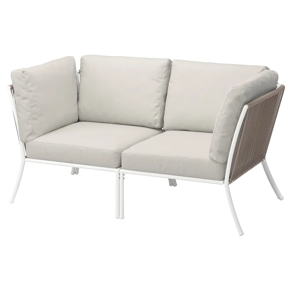 SEGERÖN outdoor sofa, light grey, wicker & steel, l-shaped, modern design.