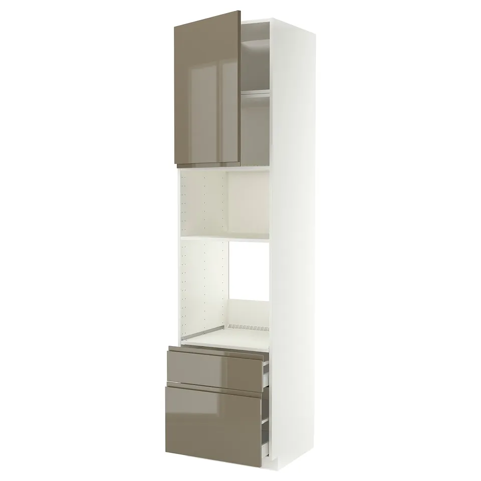 White METOD kitchen cabinet with dark grey-brown drawers and metallic accents.
