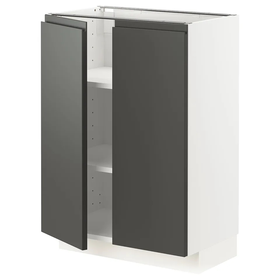 A modern dark grey and white METOD kitchen cabinet with a sleek design and adjustable shelves.