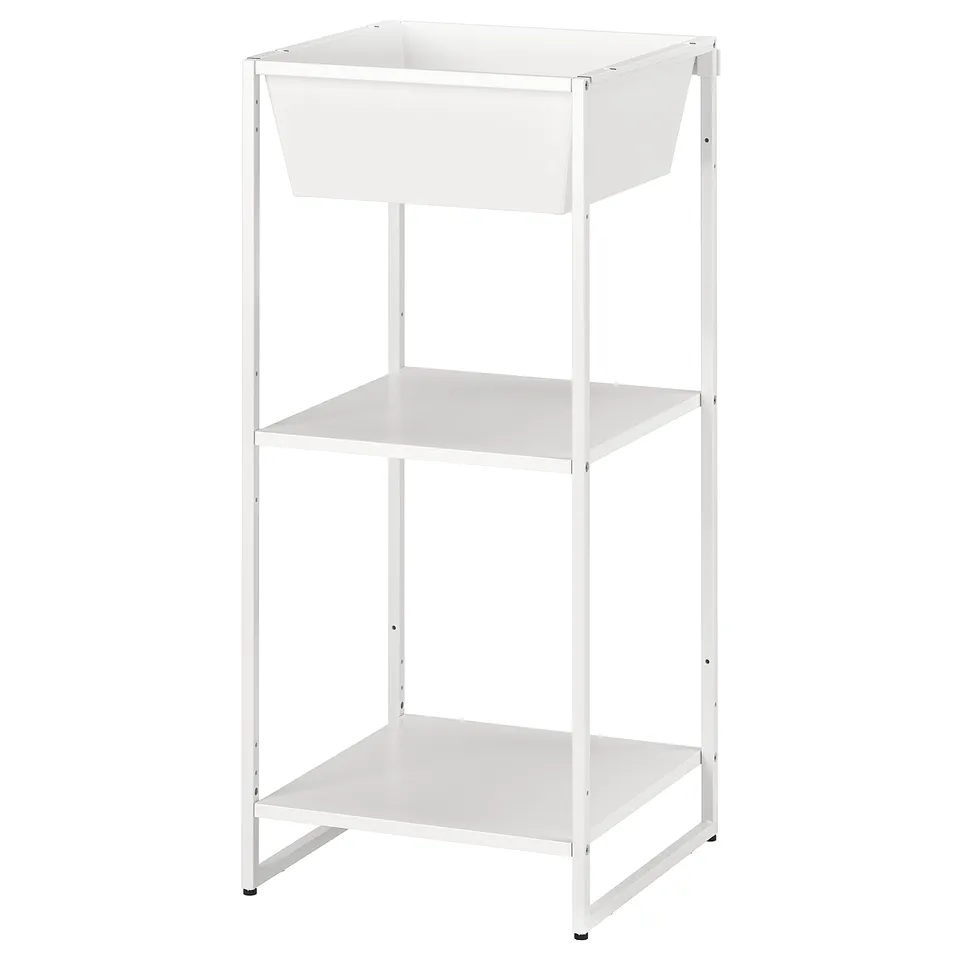 A JOSTEIN white metal storage unit with three shelves, suitable for both indoor and outdoor use, made of durable steel.