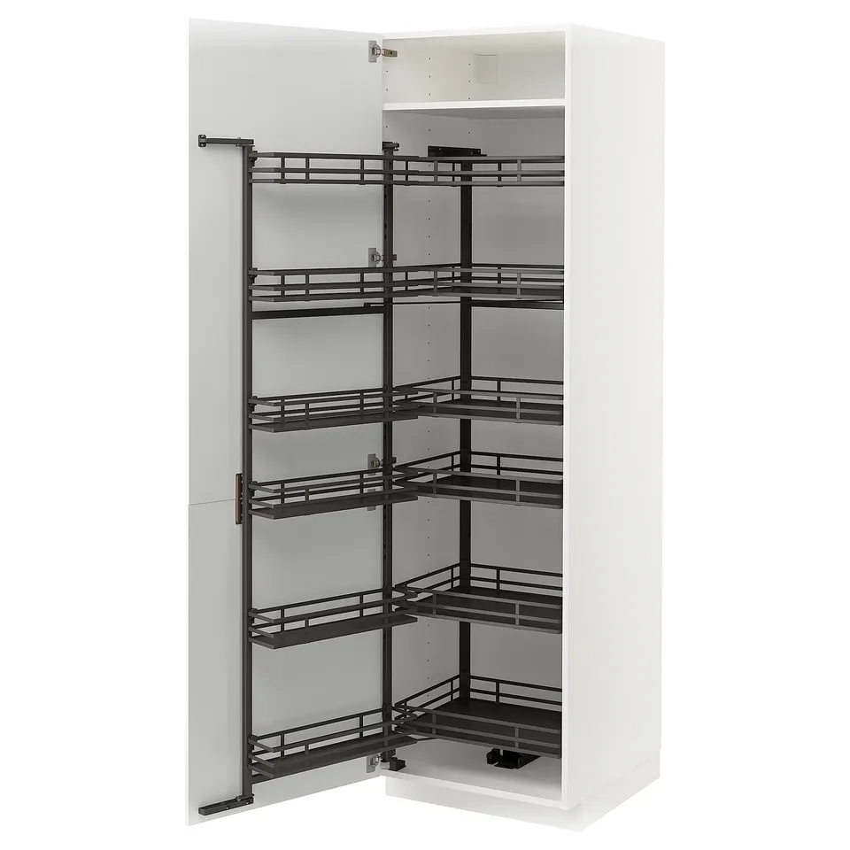 White METOD pull-out pantry with metal shelves.
