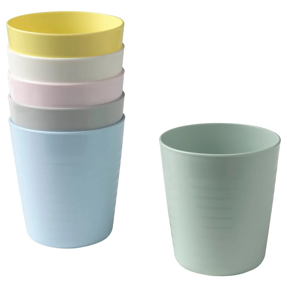 Six colourful cups for kids, stacked neatly.