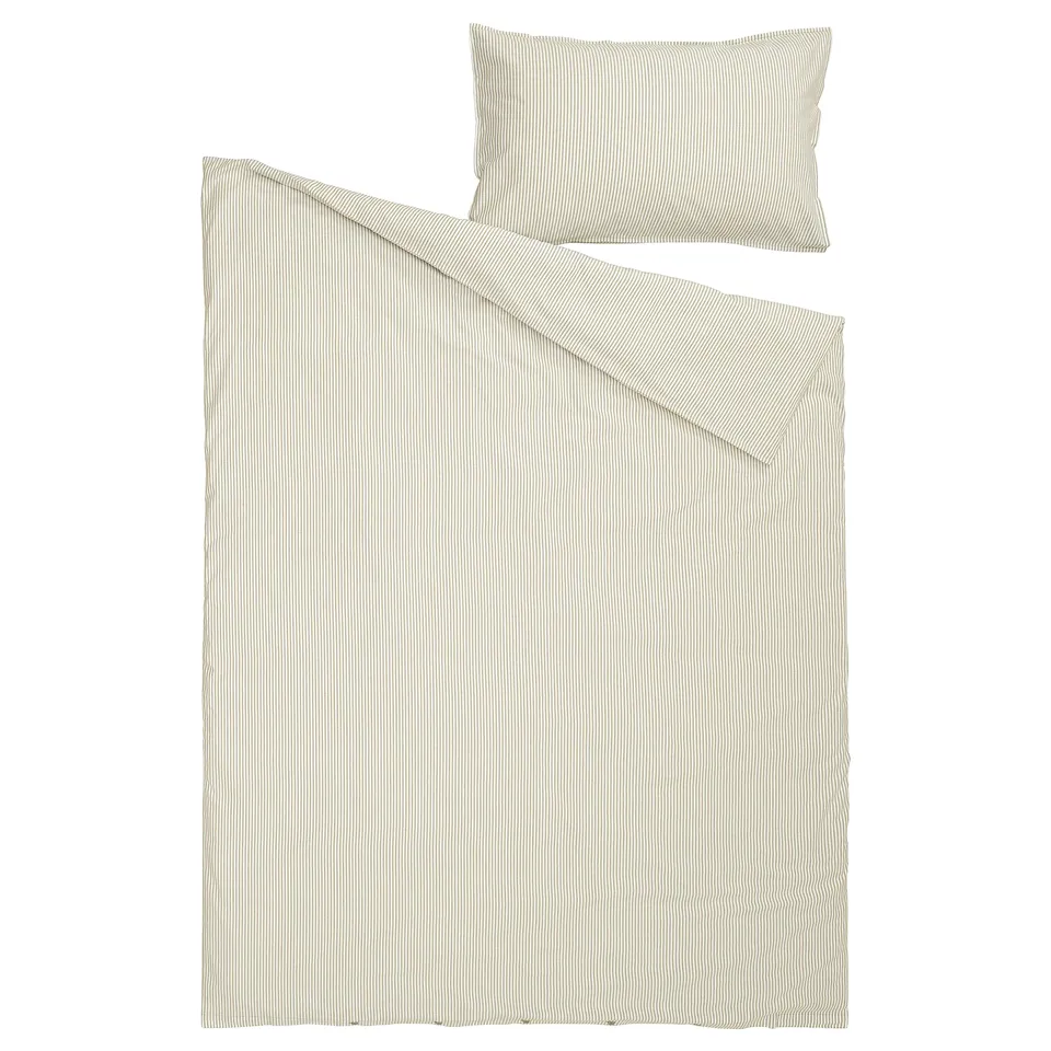 Striped SOLFIBBLA duvet & pillowcase set in beige, made of 100% recycled cotton.