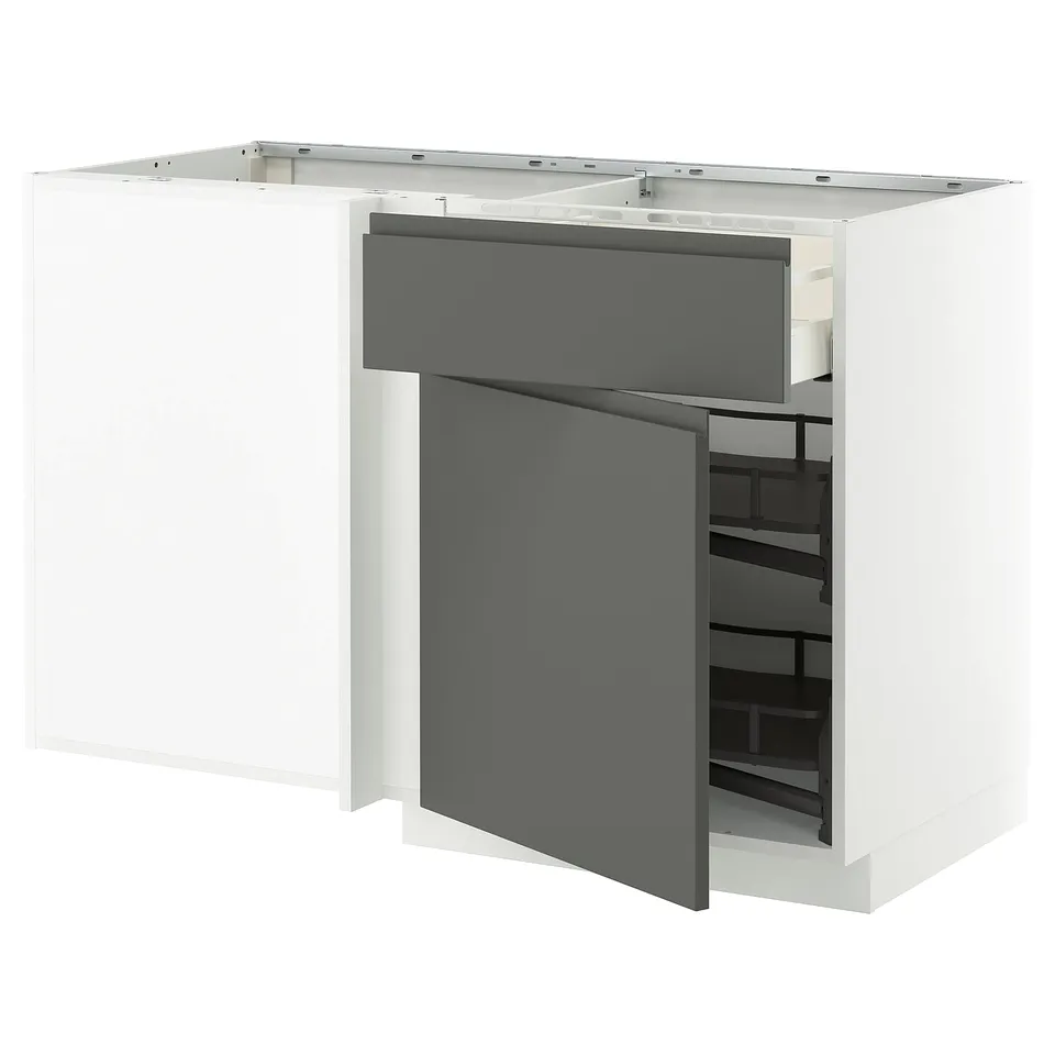 Modern white and grey kitchen unit by ikea METOD, featuring dark grey pull-out shelf for easy access.