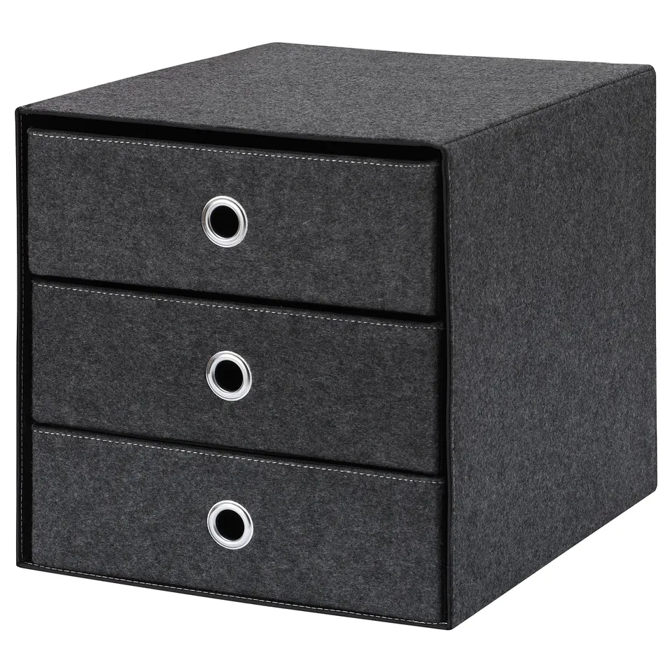 Black fabric 3-drawer storage unit with silver handles.