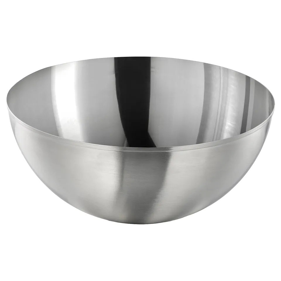 Stainless steel, round bowl, smooth edges, simple design, reflecting surface.