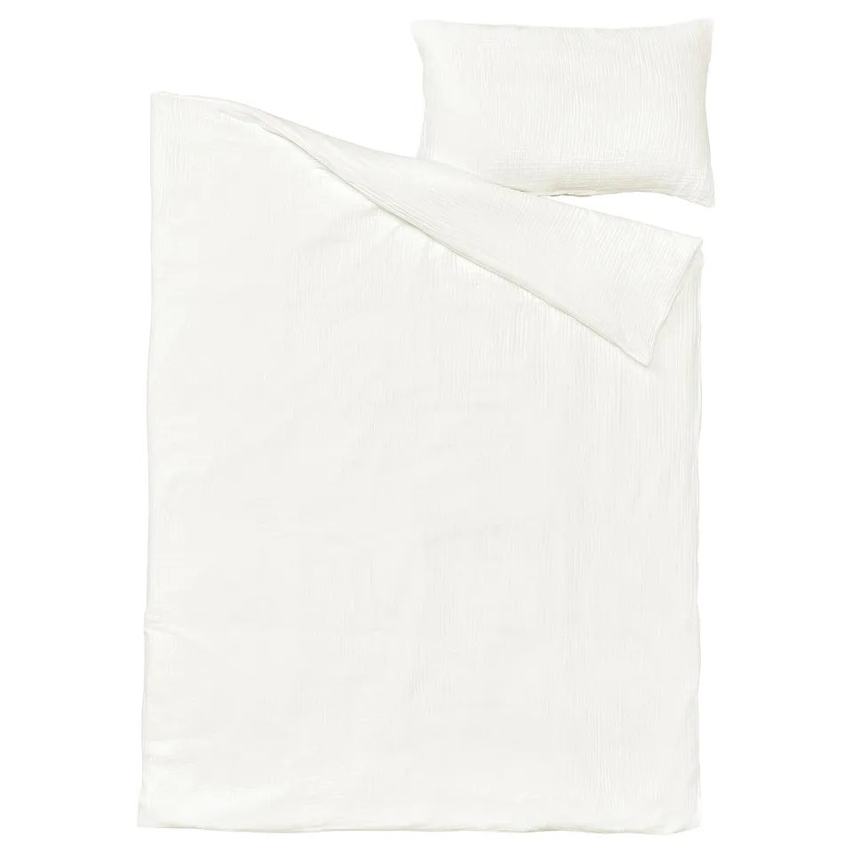 SCHERSMIN white duvet & pillow set. Soft, airy muslin organic cotton, gots-certified. Simple, rectangular shape.