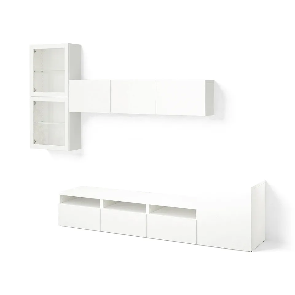 BESTÅ TV storage combination/glass doors, white/Lappviken white clear glass, 300x42x211 cm