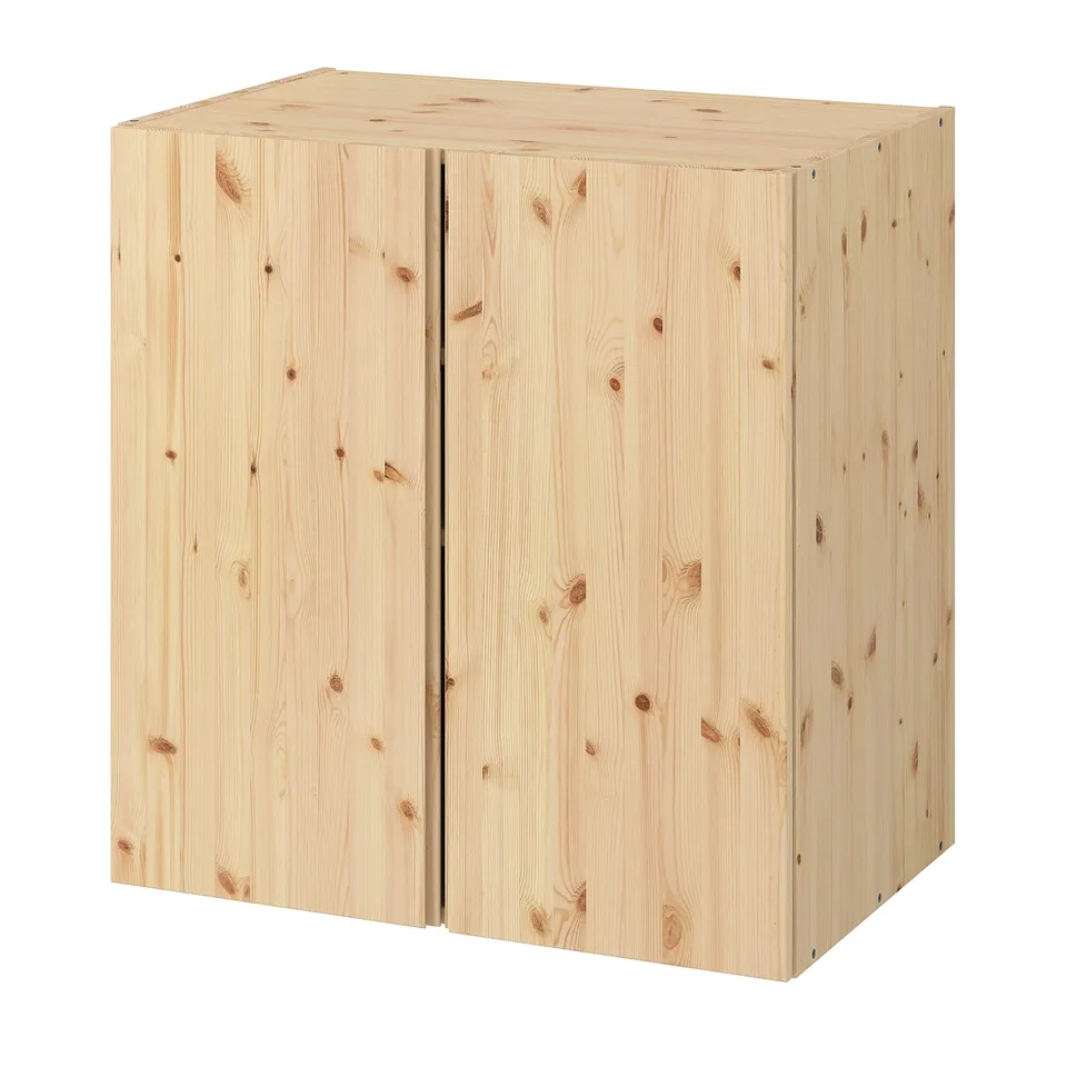 IVAR cabinet: light pine wood, rectangular, two doors, simple storage unit.