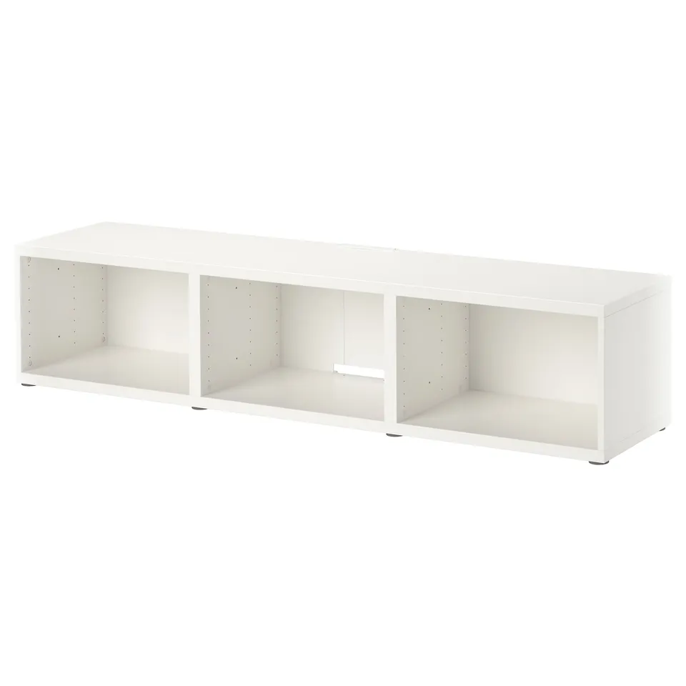 Ikea BESTÅ white tv unit, 3 open sections, fiberboard, easy assembly.
