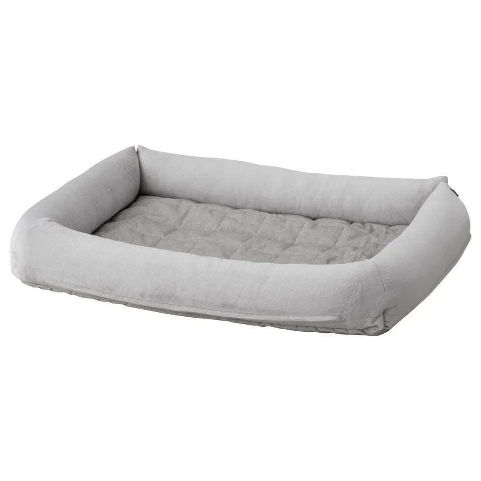 UTSÅDD grey dog bed, rectangular, soft plush, raised edges.