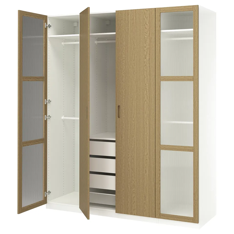PAX wardrobe: white & oak wood, 3 sections, 2 open, 1 with drawers & glass doors.