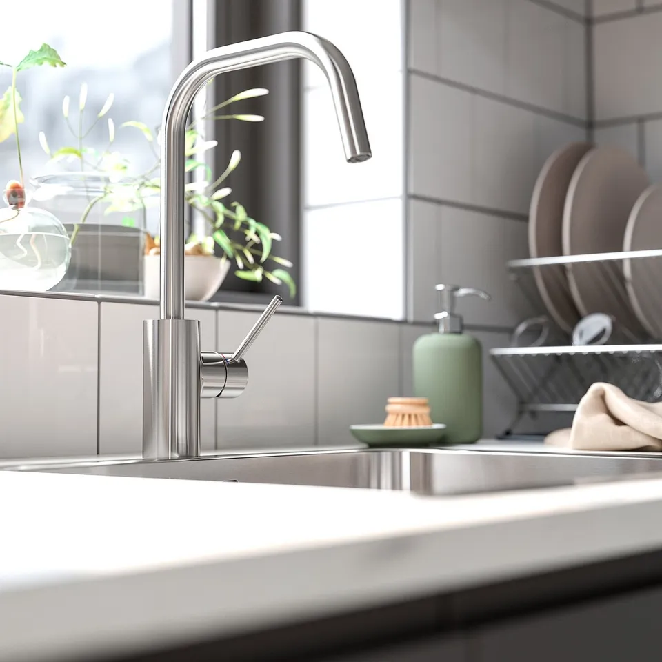 Modern kitchen sink with stainless steel ÄLMAREN tap, white countertop, green soap dispenser, and dishes. Tap is tall, sleek, and efficient.
