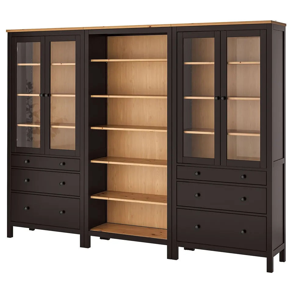 Black HEMNES storage unit with glass and wood shelves.