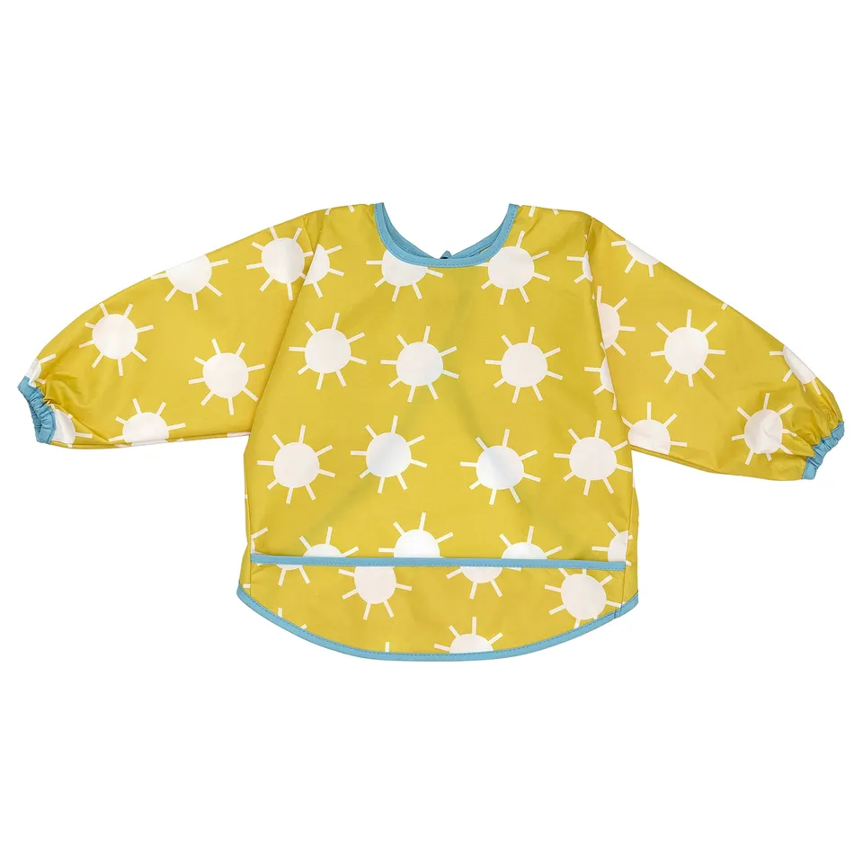 KLADDIG bib: yellow, sun print, long sleeves, blue trim, elastic wrists, front pocket.