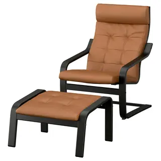 POÄNG armchair and footstool, black/Grann golden-brown