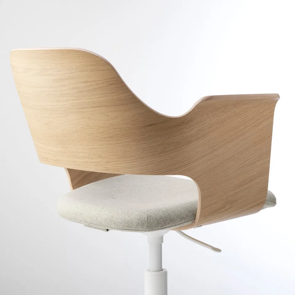 Modern office chair with light wood backrest and curved seat, on adjustable base.
