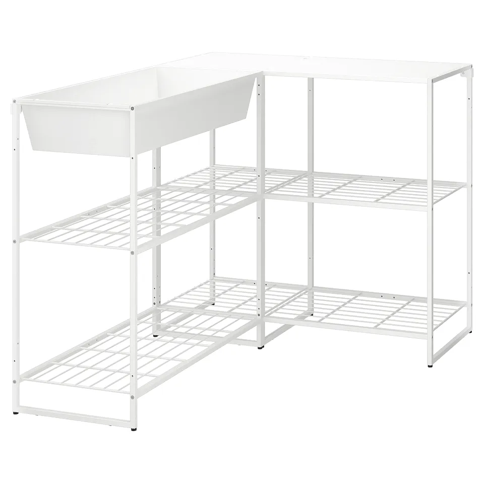 A white JOSTEIN storage shelf with multiple metal tiers for organising items, perfect for indoor and outdoor use.