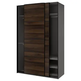 PAX / MEHAMN wardrobe with sliding doors, dark grey black/double sided dark brown oak effect, 150x66x236 cm