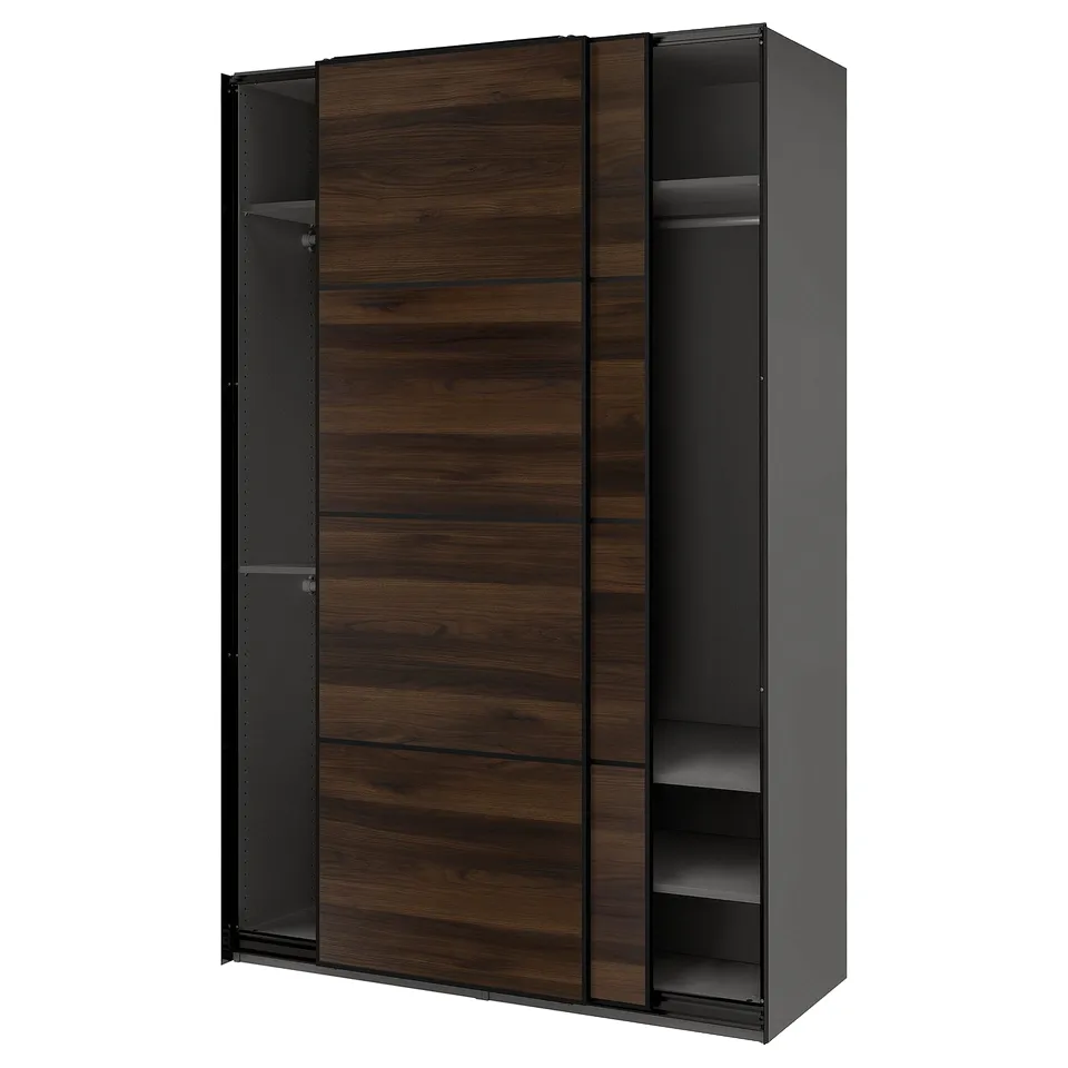 PAX / MEHAMN Wardrobe with sliding doors, dark grey black/double sided dark brown oak effect, 150x66x236 cm