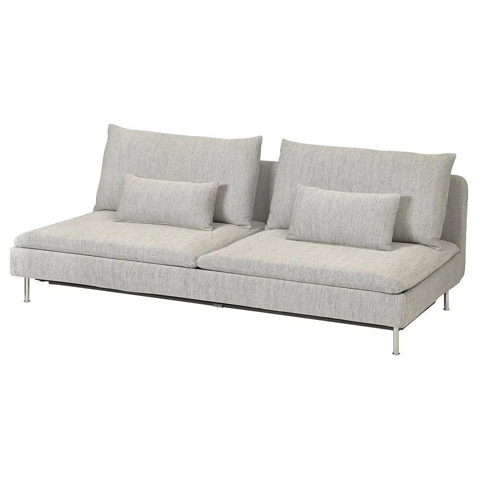 IKEA SÖDERHAMN sofa, grey, sleek design, light grey fabric, clean lines, stainless legs.