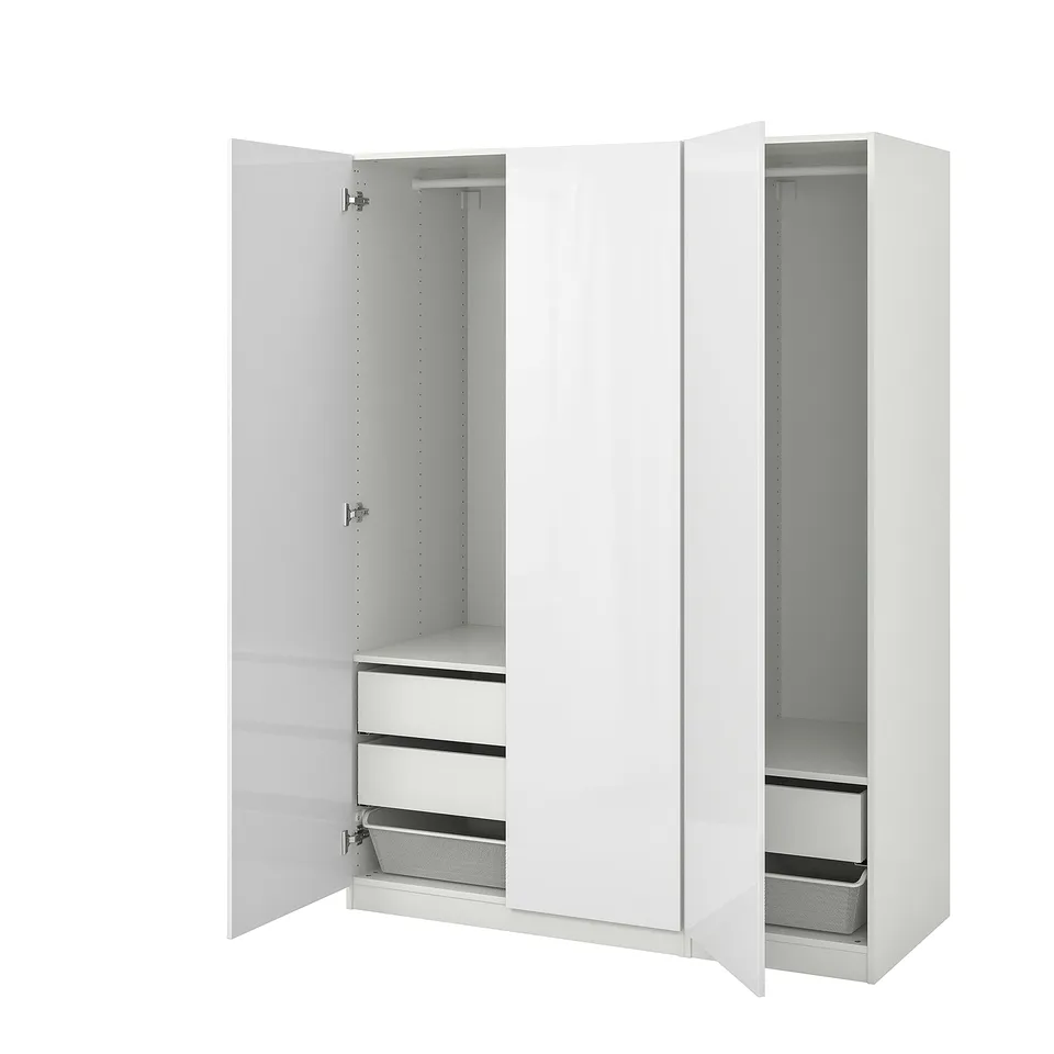 Open white PAX wardrobe, minimalist design, metal handles, mesh drawers, adjustable feet.