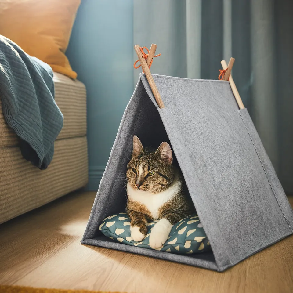 Cat in small, grey felt tent, likely a cosy pet house designed for relaxation and sleep.