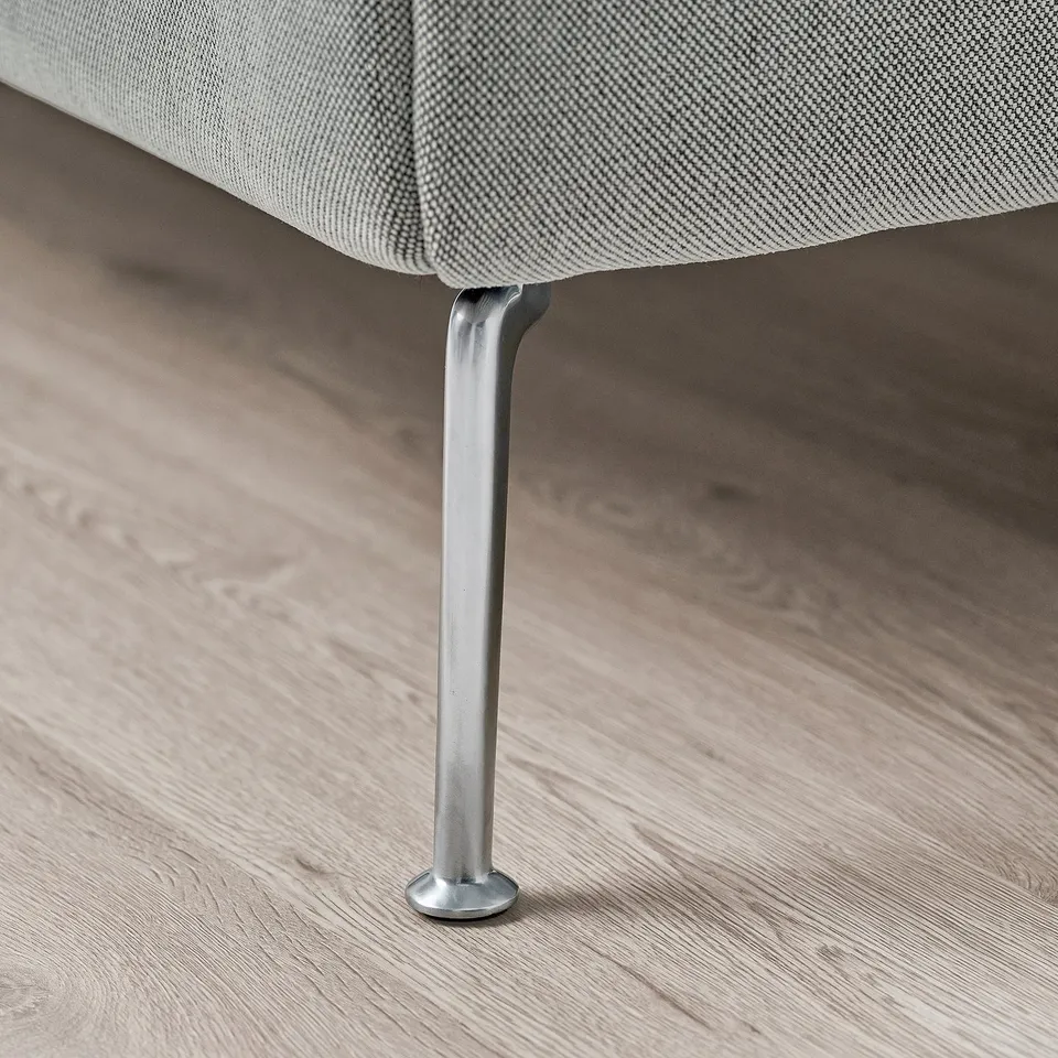 Under-bed view: sleek, sturdy metal leg, polished finish, attached firmly to modern bed frame, promising durability and stability.