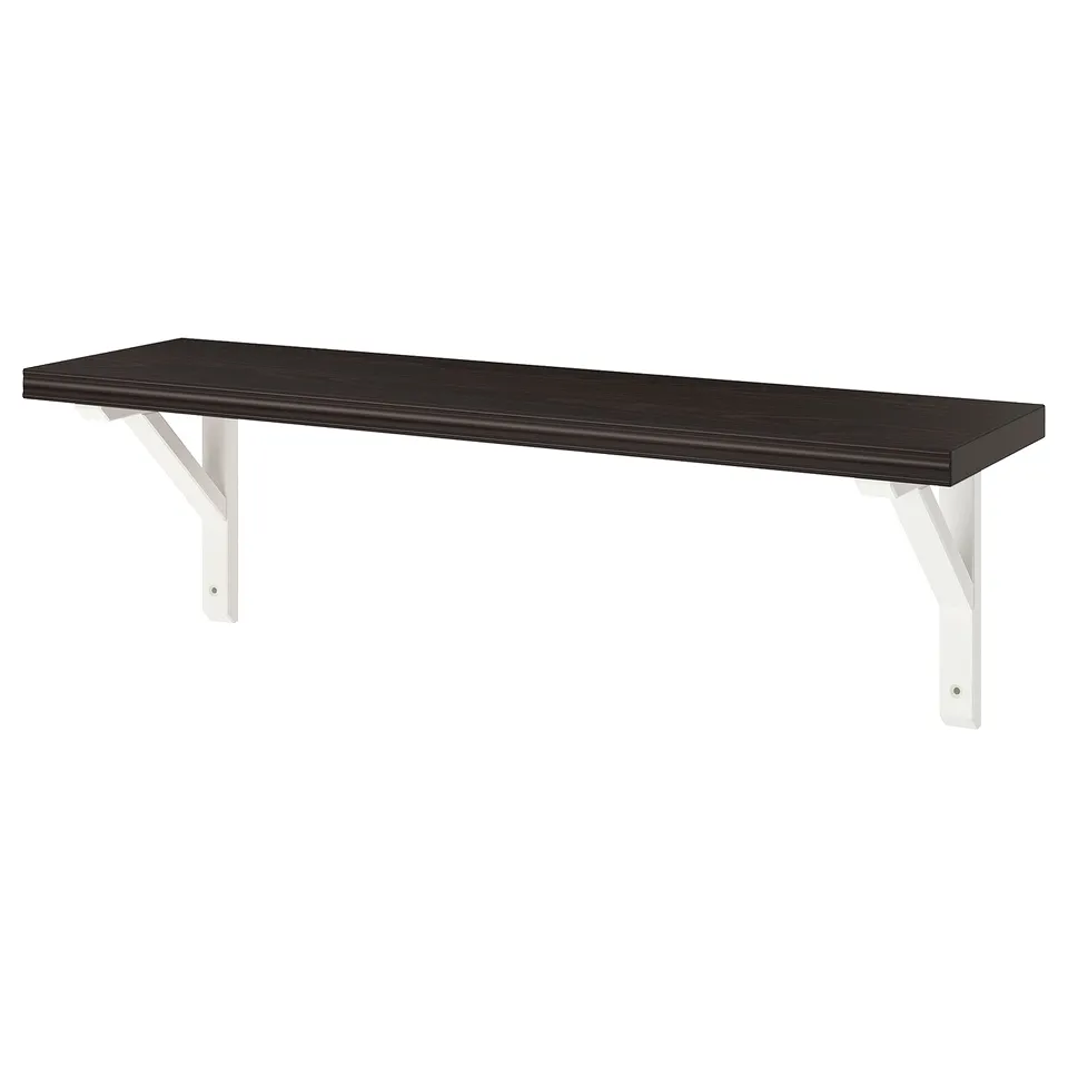 Black wall shelf BERGSHULT, sleek & modern, wooden, supported by white metal brackets.