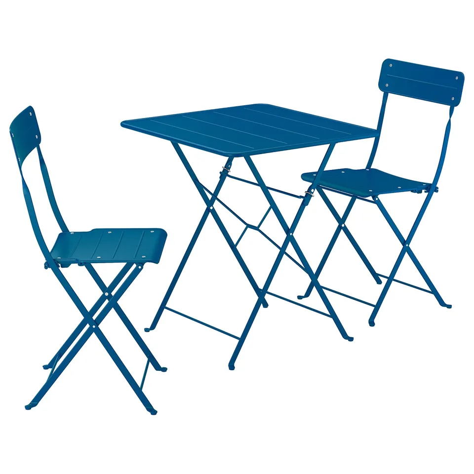 A blue SUNDSÖ metal patio set with a table and two folding chairs. The set is compact, portable, and suitable for small spaces.