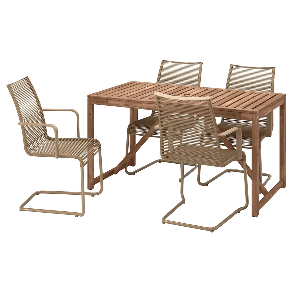 Brown acacia & steel patio dining set with woven seats.