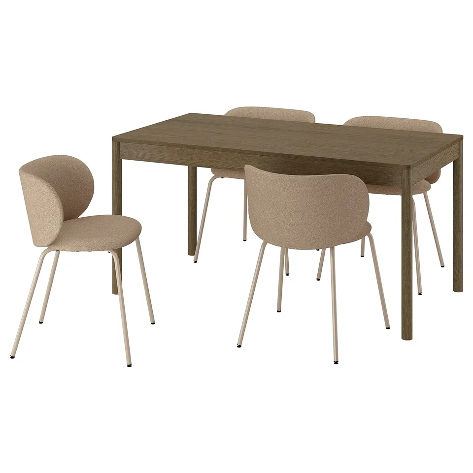 Modern dining set: TONSTAD. Table: rectangular, light wood. Chairs: four, beige, curved back, metal legs.