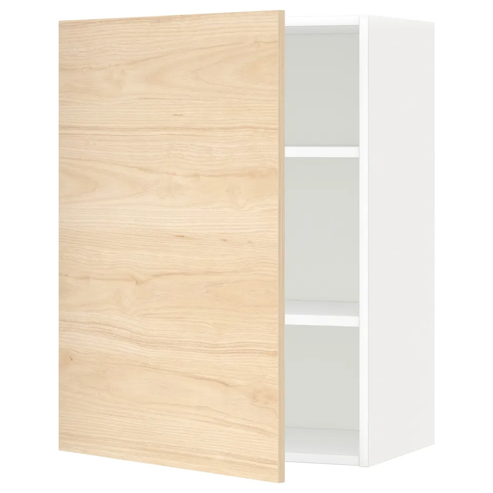 Ikea METOD wall cabinet with light ash door, modern design, three shelves, white framed.
