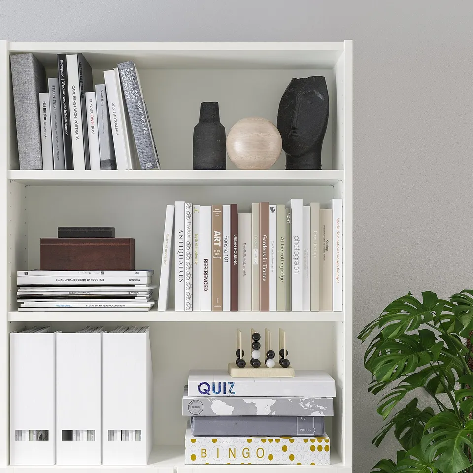 White bookshelf with books, decorative objects, games, and plant on bottom shelf.