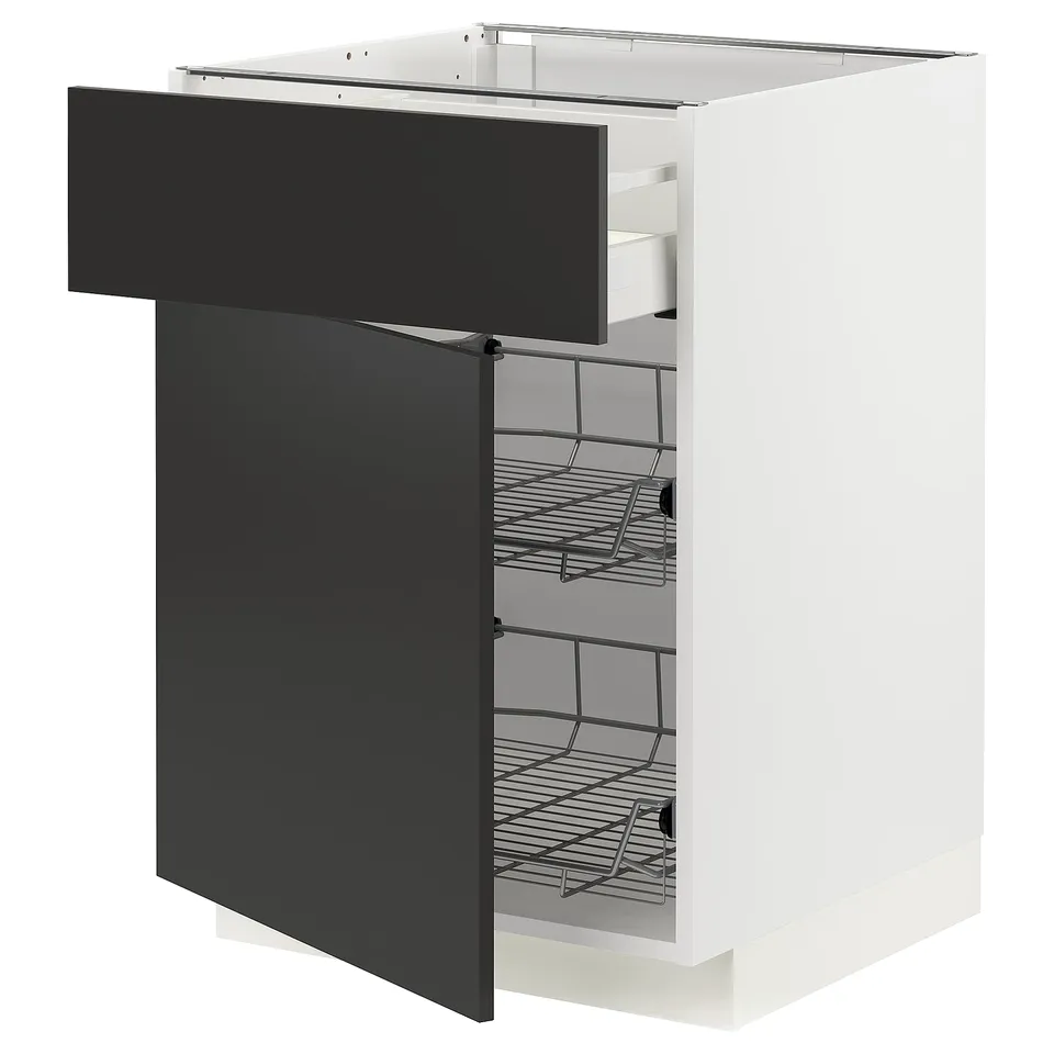 White METOD kitchen cabinet with grey pull-out wire baskets.