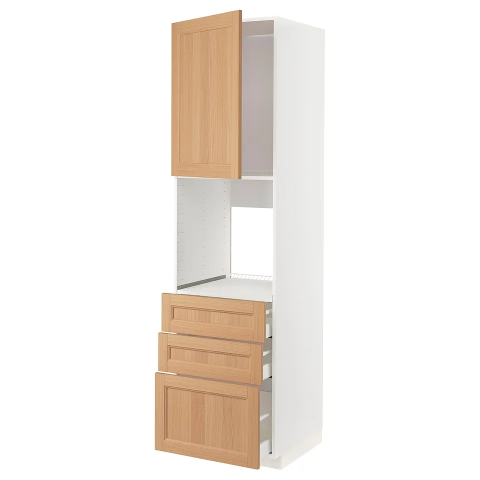 An ikea METOD kitchen unit in white with wooden drawers and doors. It a tall cabinet with drawers and shelves.