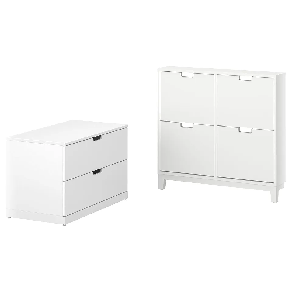 Two white furniture pieces from the STÄLL collection: a 2-drawer chest and a 4-compartment shoe cabinet, both with clean, modern designs.
