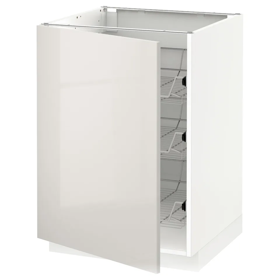 White high-gloss kitchen cabinet with pull-out shelves.