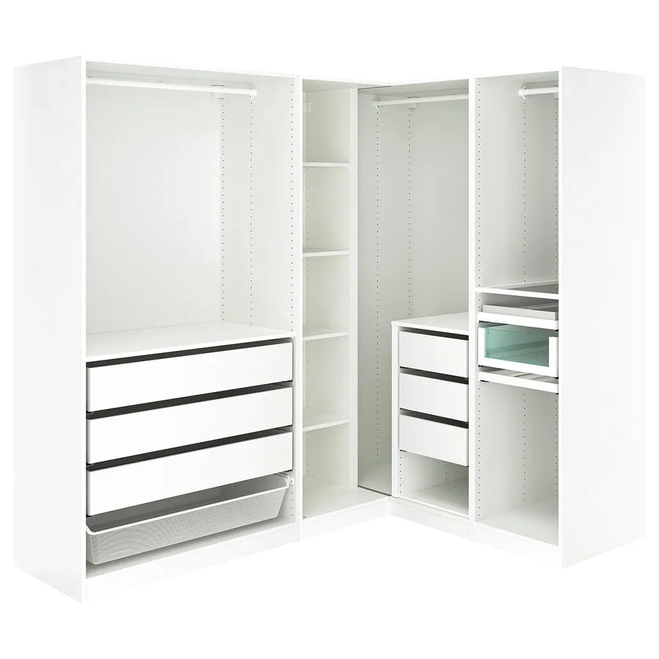 White PAX corner wardrobe with compartments and mesh basket for clothes storage.