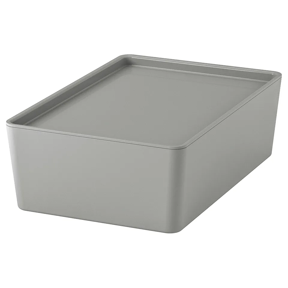 A KUGGIS storage box, grey, rectangular, with rounded edges, and made of recycled pet plastic.