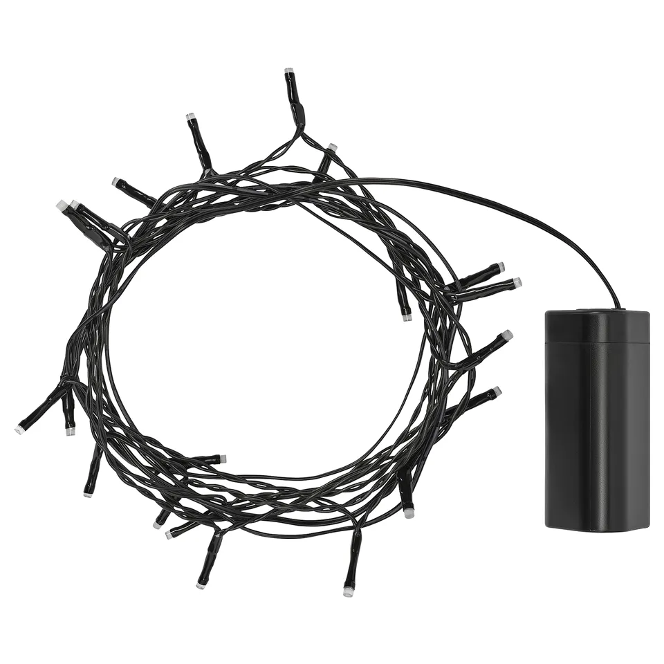Black battery-powered string lights with timer, designed for outdoor use, shaped in a circular pattern.