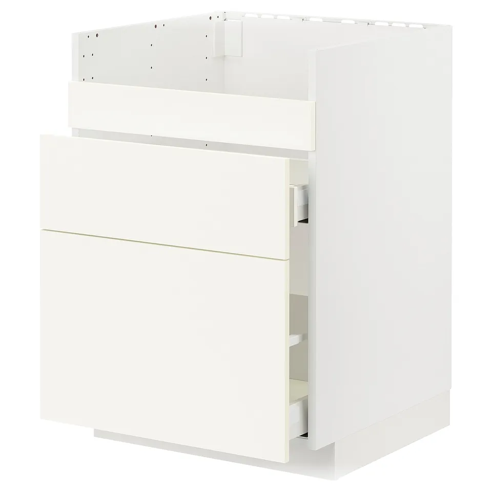 White METOD kitchen cabinet, modern design, three drawers, sleek handles.