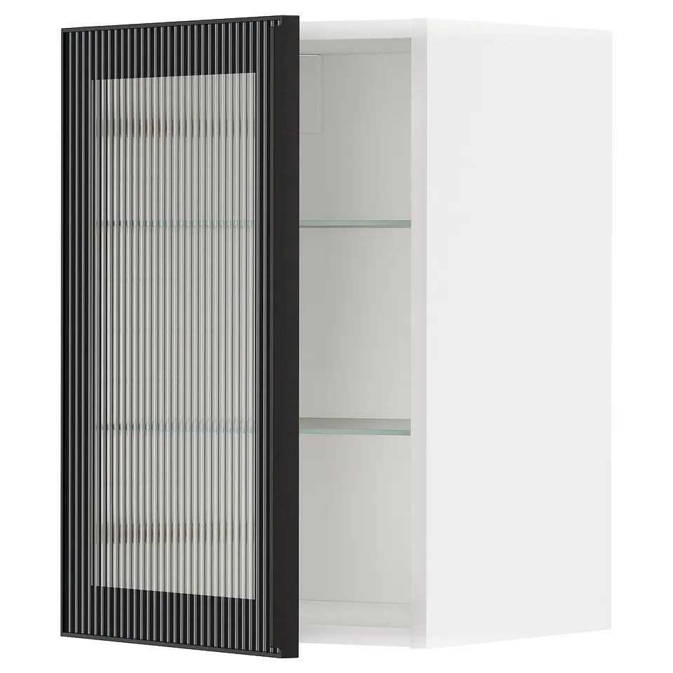 METOD kitchen cabinet: black glass door, metal frame, white interior