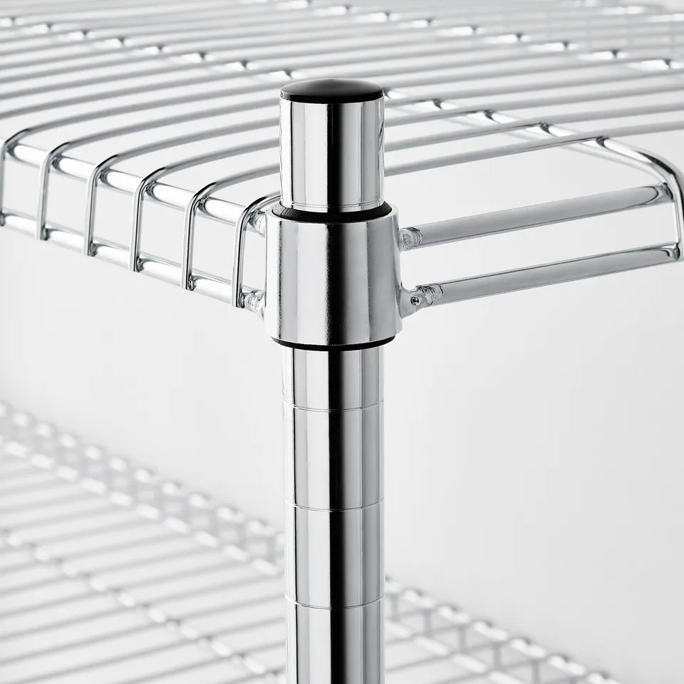 Close-up of sturdy metal shelf joint, chrome and black mechanism, durable design.