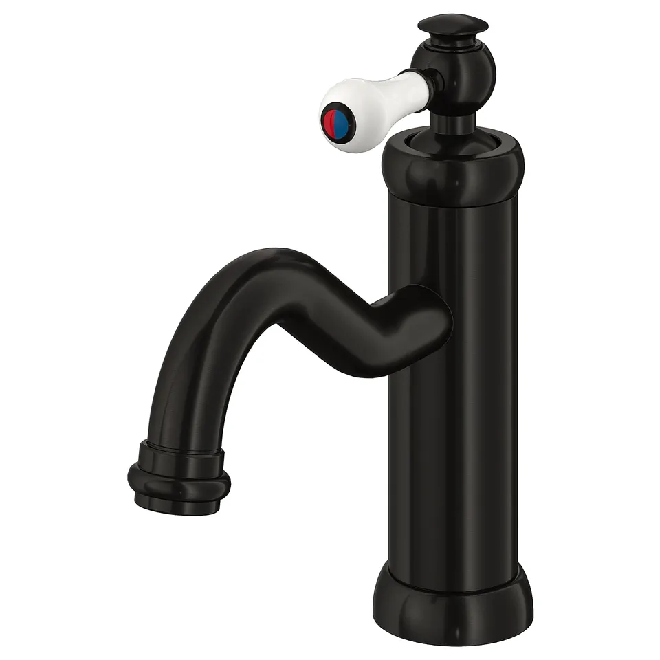 A black HAMNSKÄR tap with a white lever and ceramic discs, designed for energy-efficient water use.