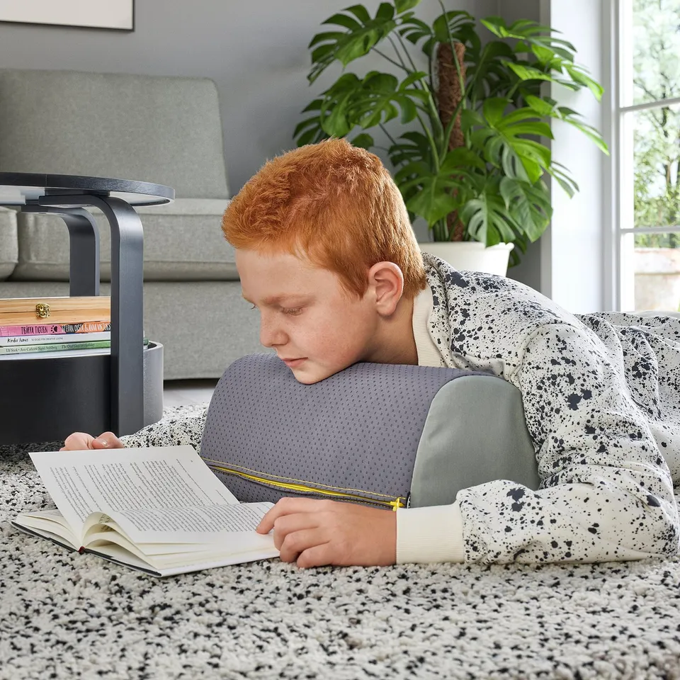 Boy reading on grey speckled floor cushion. Grey sofa and bookshelf in background. Plant near window.