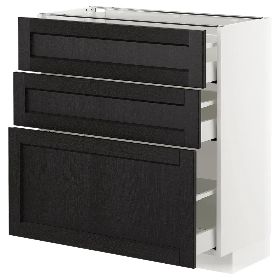 METOD kitchen unit: 3 dark wood drawers, white frame, traditional design, rectangular.