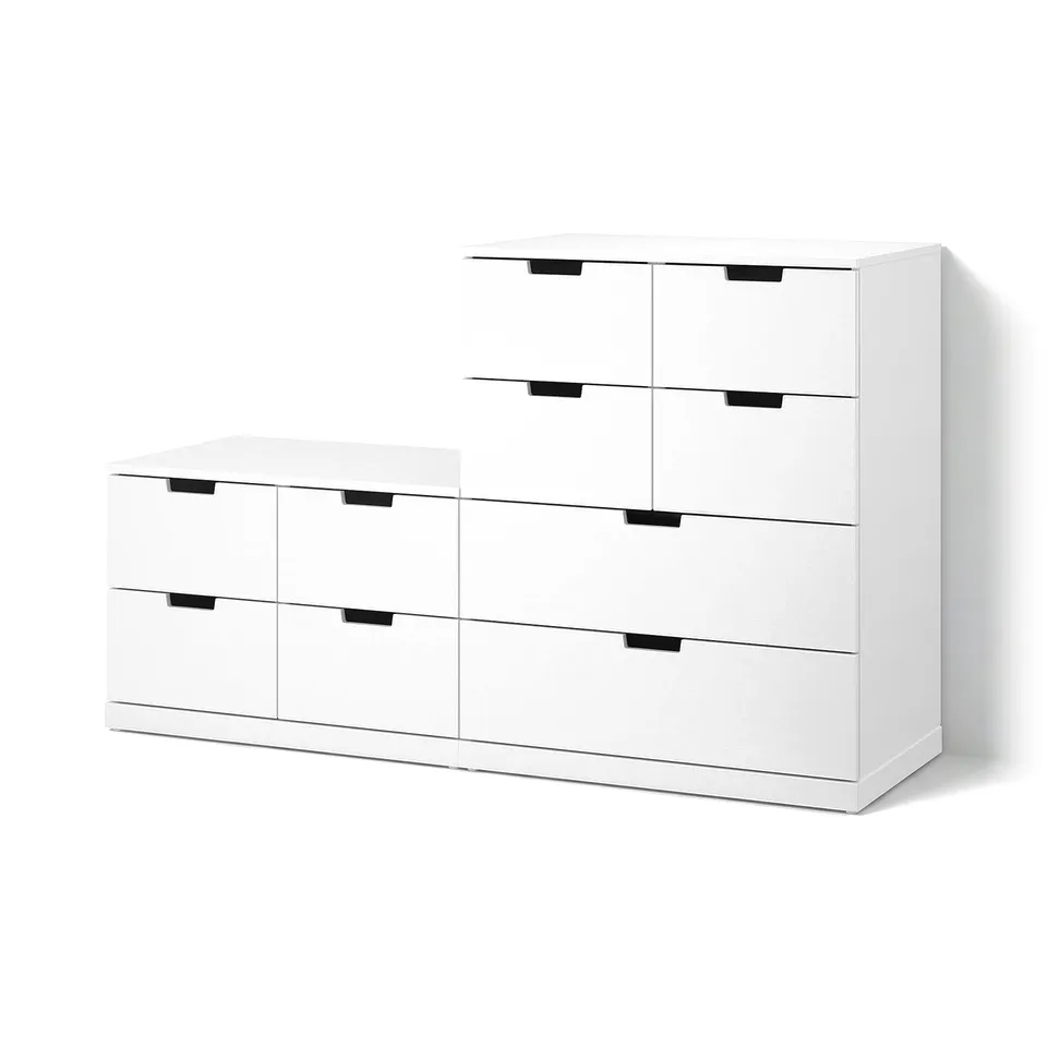 A white NORDLI chest of drawers with a minimalist design. It clean lines and multiple drawers for storage.